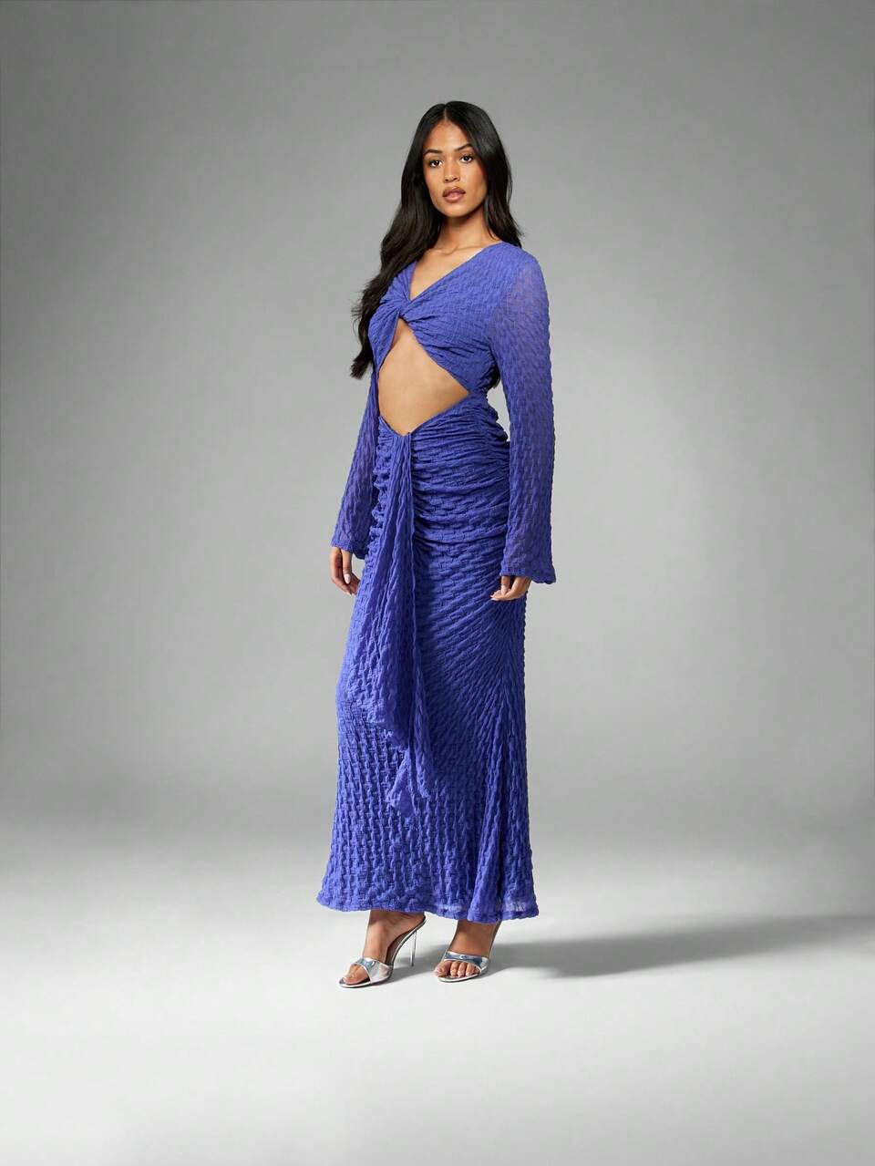 MISSGUIDED Textured Ruched Long Sleeve Twist Front Cut Out Maxi Dress Summer Fall Wedding Guest Party Special Occasion Statement Elegance Draped Evening