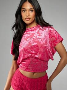 MISSGUIDED 奢华日式碎花天鹅绒短款上衣短袖节日派对夏季宽松T恤高领旅行度假装 - 紅色 - 查看 5