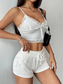 INAWLY Women's Casual Rhinestone Embellished Numbered Shorts, Summer - White - View 2