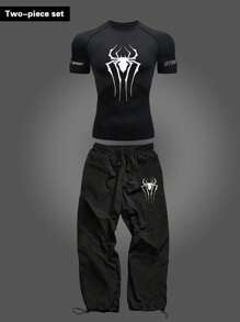 Sport MetroGents Men's Spider Print Short Sleeve & Pants Sports Suit Workout Clothes Running Sets Workout Set Gym Top Fall Breathable