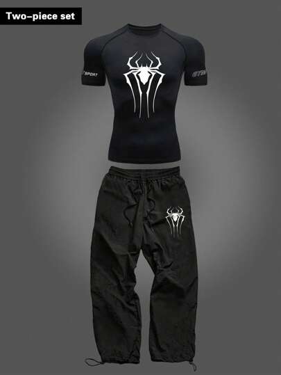 Manfinity Sport Corelite Men's Spider Print Short Sleeve & Pants Sports Suit Workout Clothes Running Sets Workout Set Gym Top Fall Breathable