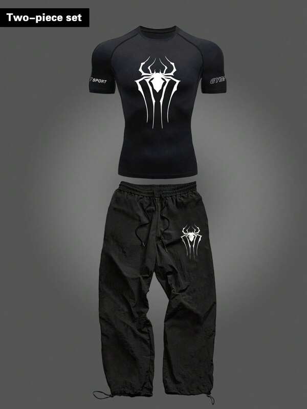 Sport MetroGents Men's Spider Print Short Sleeve & Pants Sports Suit Workout Clothes Running Sets Workout Set Gym Top Fall Breathable