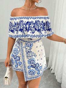 Elenzga Conjunto de 2 peças com Blusa Floral Estampada de Ombro Único e Saia Midi com Bainha Assimétrica para Mulheres Plus Size