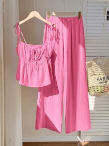 Comfortcana Women Casual Linen Camisole And Pants 2 Pieces Set, Watermelon Pink - Pink - View 5