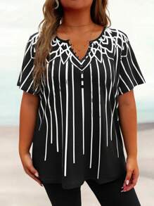 EMERY ROSE Camiseta Casual de Manga Curta com Bloco de Cores em Contraste para Mulheres Plus Size, Preta e Branca, Primavera/Verão - Preto e Branco - Visão 4