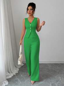 Selianne 女士优雅无袖西装背心和裤子套装，夏季商务/通勤风格 - 薄荷綠 - 查看 3