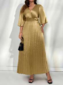 Firerie Elegant Romantic V-Neck Waist-Gathered Ruffle Sleeve A-Line Gold Pleated Long Dress, Suitable For Holiday, Birthday, Formal Occasions, Concerts - Gold - View 7