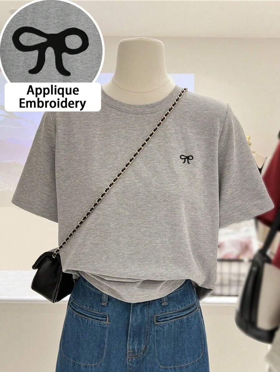 INAWLY 女士夏季蝴蝶结印花圆领短袖休闲T恤 - 灰色 - 查看 1