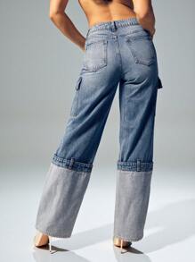 Denimoi High Cuffed Straight Leg Denim Jeans Fashionable - Medium Wash - View 4