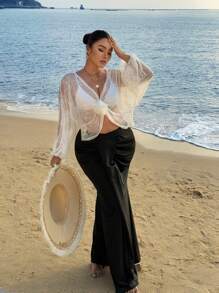 SHEIN Clasi Plus Size Women's Elegant Summer White Lace Sheer Blouse, Floral Batwing Lantern Sleeve Cropped Tops For Beach Holiday,Party,Club Galas - White - View 3