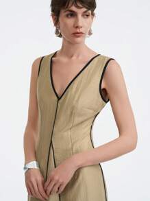 Aalyst Minimalist Contrast Color Sleeveless Dress, Casual & Vacation Style, Khaki - Khaki - View 3