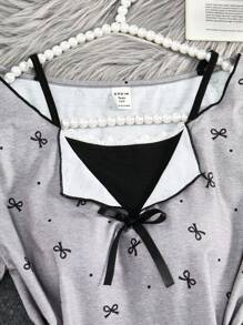 SHEIN 3 件套青少年女孩休闲蝴蝶结装饰波浪下摆圆领短袖 T 恤搭配短裤/长裤，夏季针织睡衣 - 灰色 - 查看 3