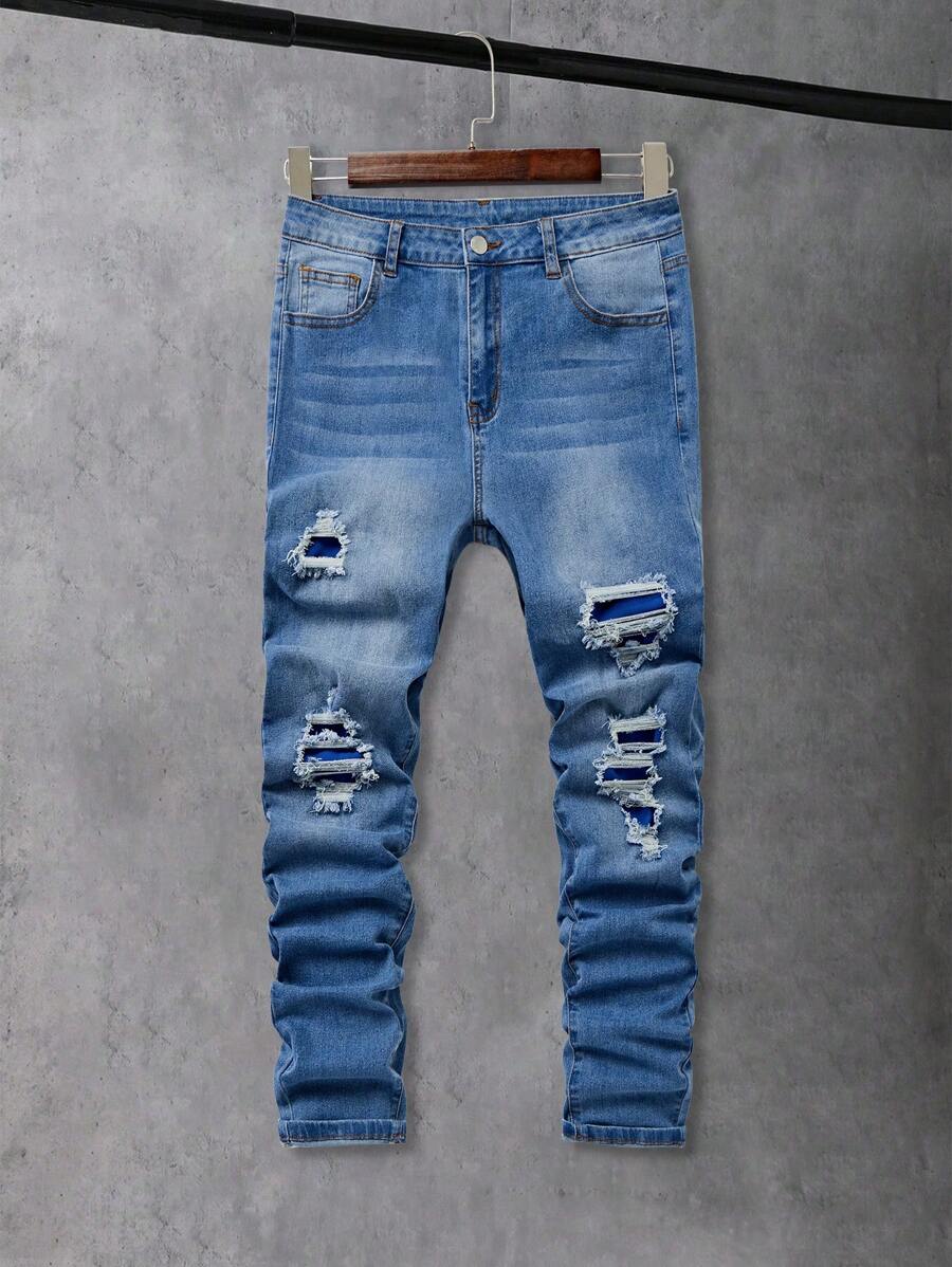 SHEIN Teen Boy Y2K Fashion Casual Blue Denim Cut Out Ripped Frayed Blue Patchwork Stretch Skinny Teen Boy Jeans For Boy Soft Dailywear And The Four Seasonsr Teen Boy Summer Clothes - Light Wash - View 1