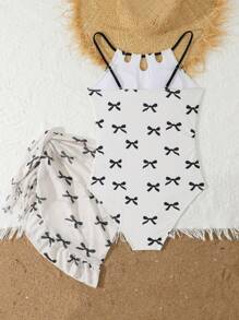 SHEIN 青少年女孩蝴蝶印花连体泳衣（含裙子），两件套时尚休闲套装 - 彩色 - 查看 2