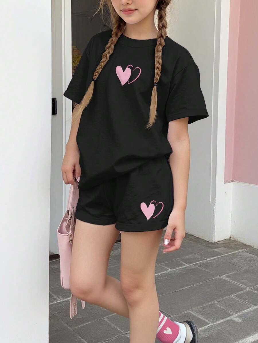 SHEIN Leap Crew 青少年女孩休闲简约短袖上衣和短裤两件套,适合夏季 - 黑色 - 查看 1