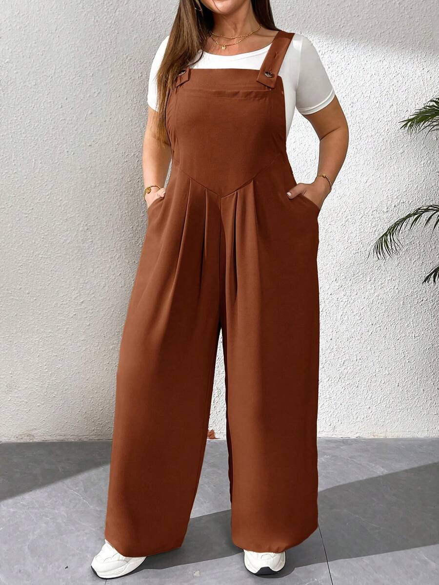 SHEIN Essnce 大码女装春夏时尚休闲宽松舒适日常卡其色吊带阔腿裤连体裤，女装夏季服装，沙滩度假，春装 - 鏽棕色 - 查看 1