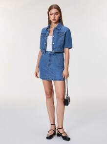 SHEIN BAE 夏季新款时尚百搭牛仔夹克，带假口袋和水钻纽扣设计，优雅女式外套 - 藍色 - 查看 3