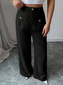 SHEIN PETITE 纹理编织搭配金属扣装饰百搭直筒裤，适合工作和通勤 - 黑色 - 查看 7