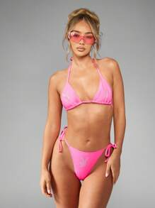 Missguided x Playboy Brazilian Triangle Bikini Set With Crystal Embellishments Summer Beach Swimming Pool Resort Vacation Two Piece Swimsuit - Watermelon Pink - View 3