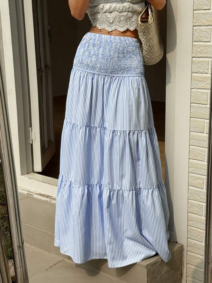 Sunnyshic 高腰条纹层叠A字裙，适合日常穿着和度假 - 藍色 - 查看 1