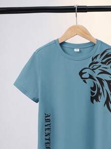 SHEIN 2pcs Tween Boy Summer Loose Casual Lion Graphic T-Shirt And Shorts Knit Loungewear Set - Blue - View 5