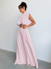 Aloruh Pleated Loose Elastic Waist Wide Leg Pants, Fashionable For Summer - Baby Pink - View 3