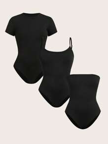 SHEIN Girlism Tween Girl 3 Pieces Set: Short Sleeve Camisole & Shorts - Black - View 1