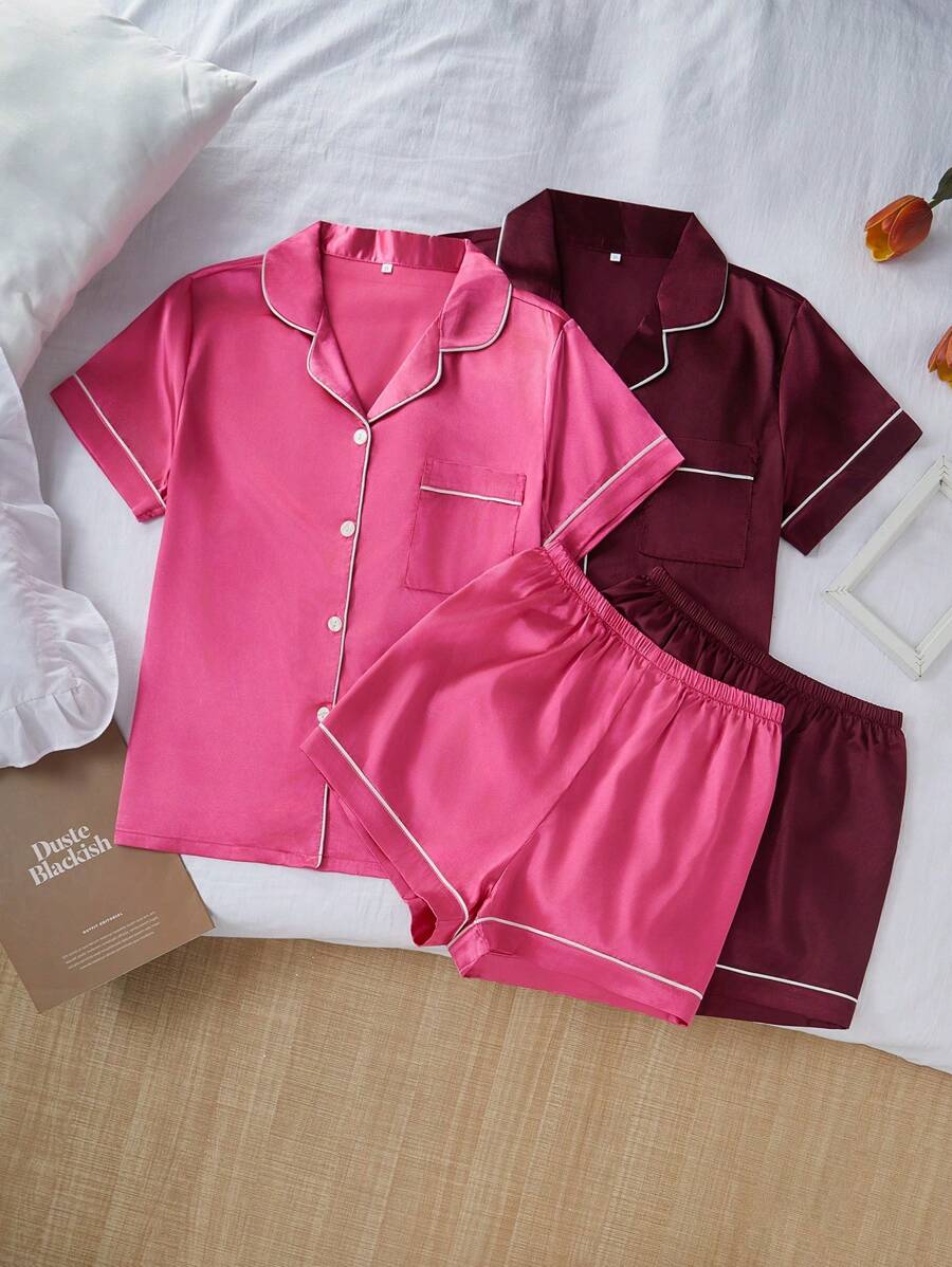 SHEIN 4-Piece Faux Silk Pajama Set With Collar Cardigan, Short Sleeve And Shorts - Multicolor - View 1