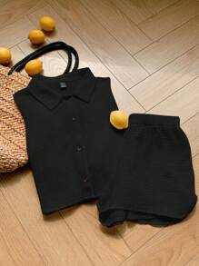 Comfortcana 2pcs Black Summer Resort Women Shirt And Shorts Set - Black - View 7