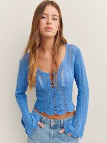 Nöista Women's Solid Color Hollow Design Slim Fit Fashion Sweater - Blue - View 5