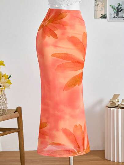 SHEIN Teen Girls Retro Oversized Floral Mesh Print Snug Fit Maxi Skirt, Orange, Fit For Beach Vacation, Back To School, Campus, Casual, Shopping, Beach, Swimsuit