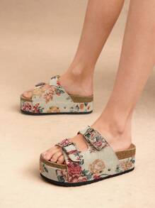 SHUZIA Women's Floral Print Open Toe Double Buckle Cork Footbed Slide Sandals - Multicolor - View 7