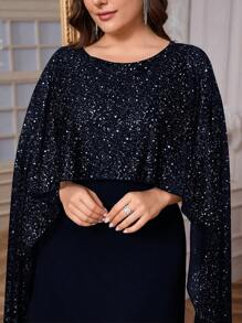 SHEIN Privé 大码女式优雅浪漫时尚性感风格黑色长款紧身连衣裙，适合派对、度假、返校、办公室、闪亮斗篷 - 藏蓝色 - 查看 7