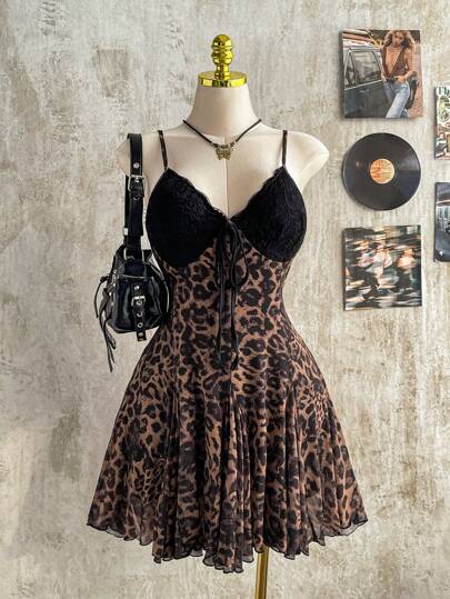 Truni 夏季大码细肩带复古度假休闲豹纹前系带连衣裙