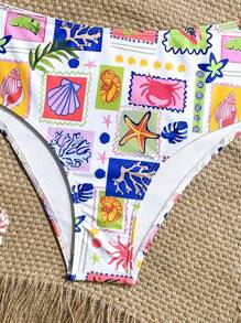 Swim Mod Conjunto de bañador de 2 piezas con cintura alta, ajustado y estampado floral aleatorio, vestimenta casual para playa y vacaciones de verano para mujer
