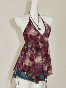 Attitoon Red Tie-Dye Paisley & Cashew Pattern Women Camisole,Rave Top