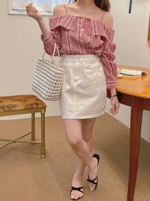 DAZY Color Block Plaid Off Shoulder Long Sleeve Tie-Waist Casual Holiday Summer Blouse For Women - Red - View 4