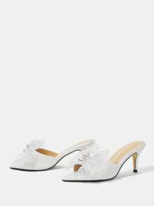 CUCCOO HITCHD Women's Pointy Toe High Heel Sandals With 2 Pearls & Mesh Bow Decor, Elegant & Romantic, Ideal For Wedding, Party Or Bridal, White - White - View 4