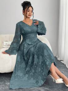 Modelyn Vestido de talla grande de unicolor elegante con mangas acampanadas y cortes