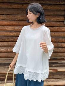 FRIFUL Camiseta de manga corta casual y holgada con cuello redondo y parches de encaje para mujer, para verano