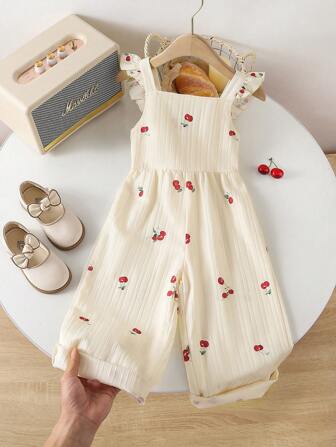 Vintaside Kids 1 Pc Vintage Casual Slim-Fit Unique Cherry All-Over Print Romper, Suitable For Outdoor Activities And School In Summer