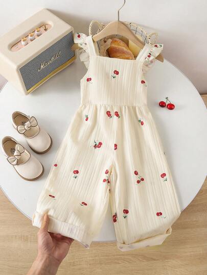 Genkimix Kids 1 Pieza Mono de ajuste delgado y casual con estampado completo de cerezas vintage, adecuado para actividades al aire libre y la escuela en verano