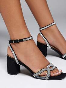 SHUZIA Women's Block Heel Square Toe Rhinestone Ankle Strap Fashionable Sandals - Black - View 3