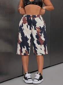 SHEIN Unity Plus Size Women Washed Cow Print Denim Bermuda Shorts - Multicolor - View 5
