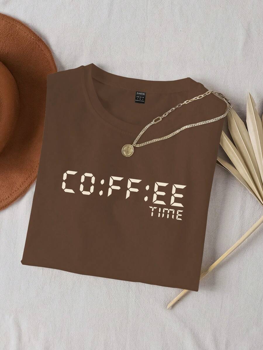 INAWLY Áo thun nữ dáng ôm, in họa tiết số Time, mùa hè - màu nâu - Xem 1