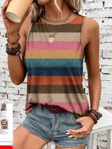 SHEIN LUNE Top de tirantes de cuello redondo a rayas de colores para mujer, apto para primavera y verano