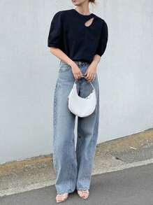 Women's Cotton Solid Hollow Out Puff Sleeve Loose Summer Blouse, Business Casual - Navy Blue - View 2