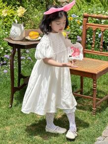 DAZY Đầm midi tay bồng cổ tròn bằng vải satin dễ thương cho tiệc sinh nhật, trang phục mùa hè cho bé gái - Màu be - Xem 2