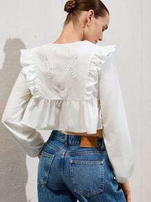 SHEIN Privé New French Fashion Vacation Youthful Minimalist Versatile Casual Round Collar V-Neck Design Embroidery Lace Panel Ruffled Loose Hem Short Long Sleeve Women Blouse Fall Cloth For Women