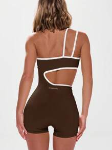Musera Sport 不对称领口撞色滚边镂空连体运动服，适合健身房、板式网球、网球、匹克球、秋季健身、瑜伽、普拉提、日常休闲穿着。 - 巧克力棕 - 查看 3